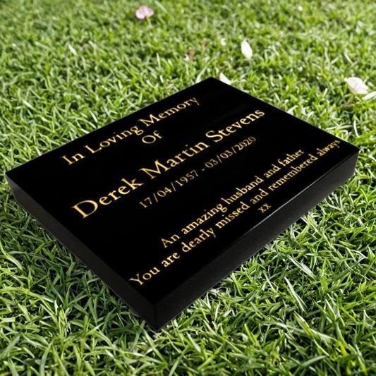 Granite Memorial Tablet – Polished Black Stone – Free Personalised Gold Engraving (15x12x2 inches, 20kg)