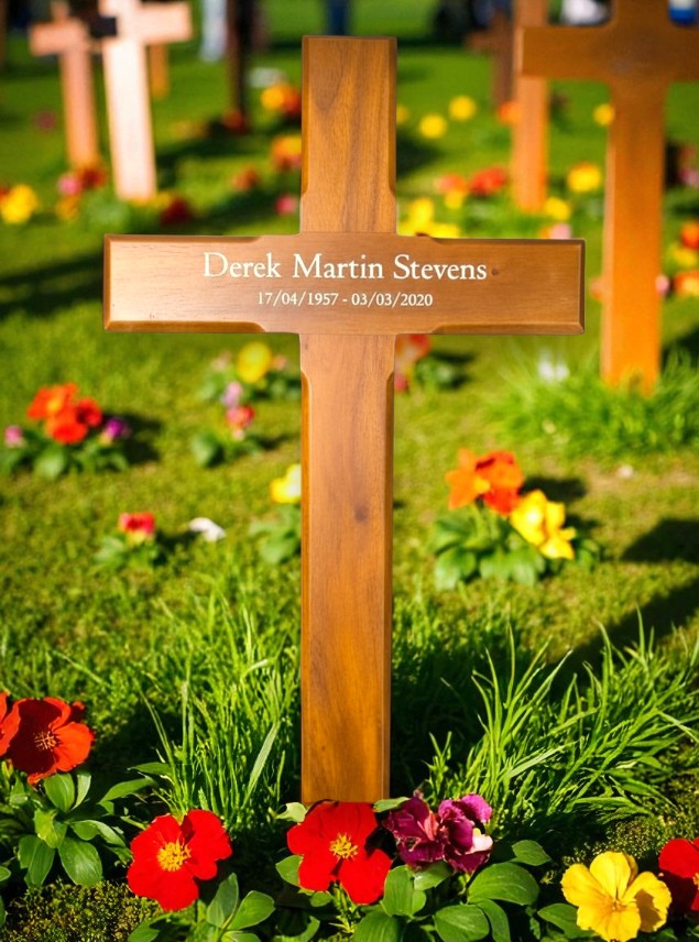 Personalised Mahogany Memorial Cross – Durable Wooden Grave Marker for Outdoor Use