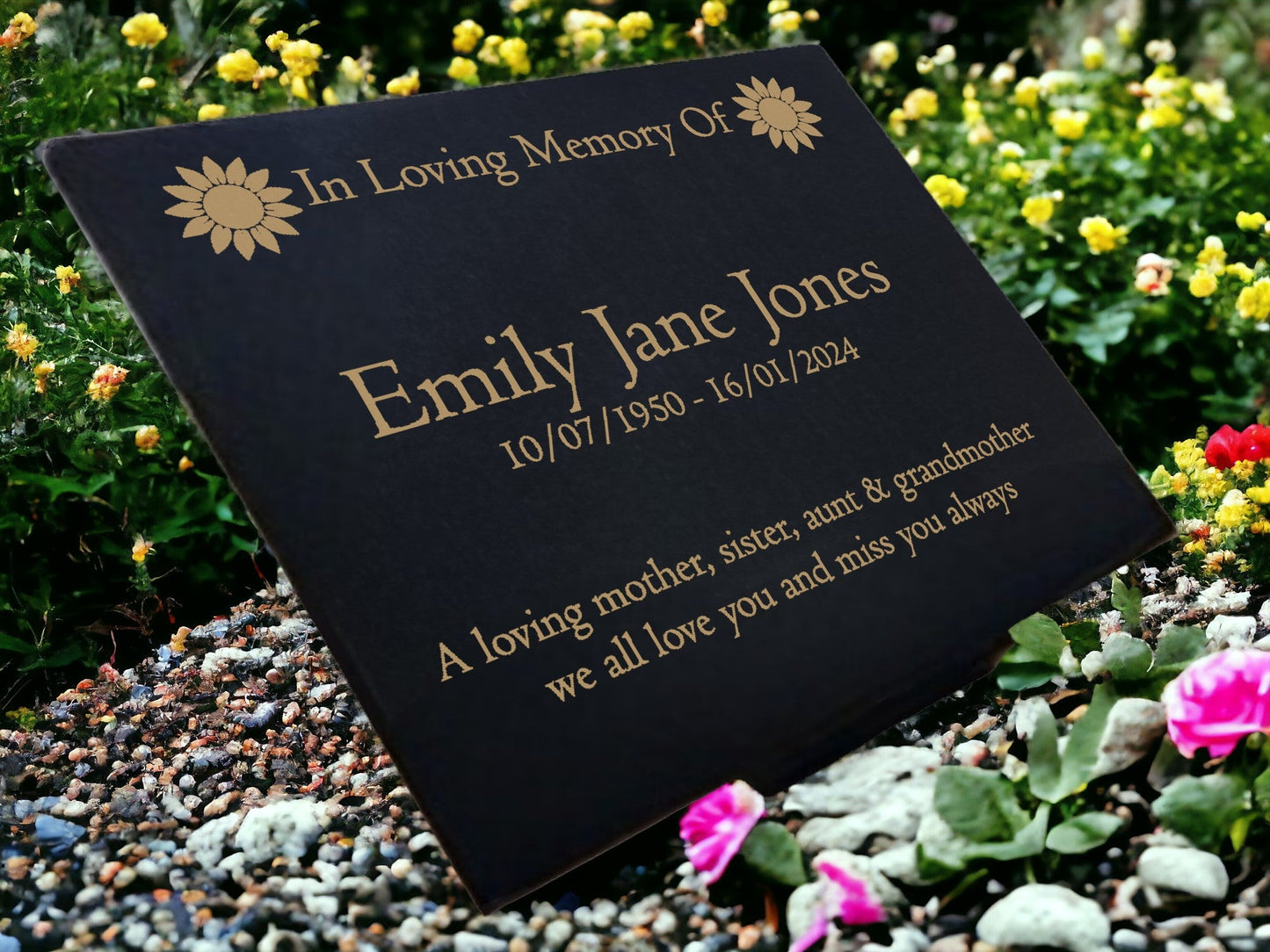 Granite Memorial Plaque, Sunflower, Stand Included